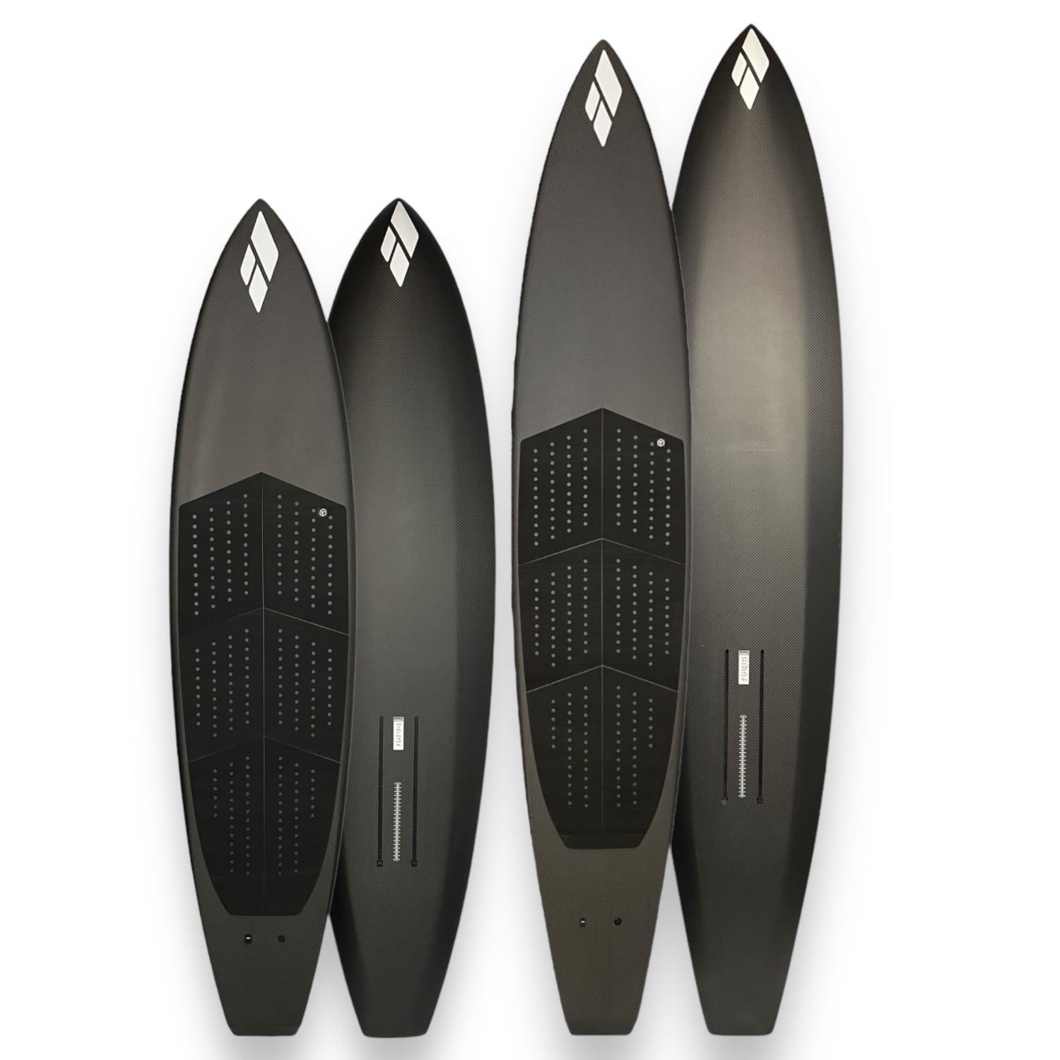 Deck and bottom views of a black midlength and a black SUP carbon foilboards by Amos Shapes with a white Amos Shapes logo on them