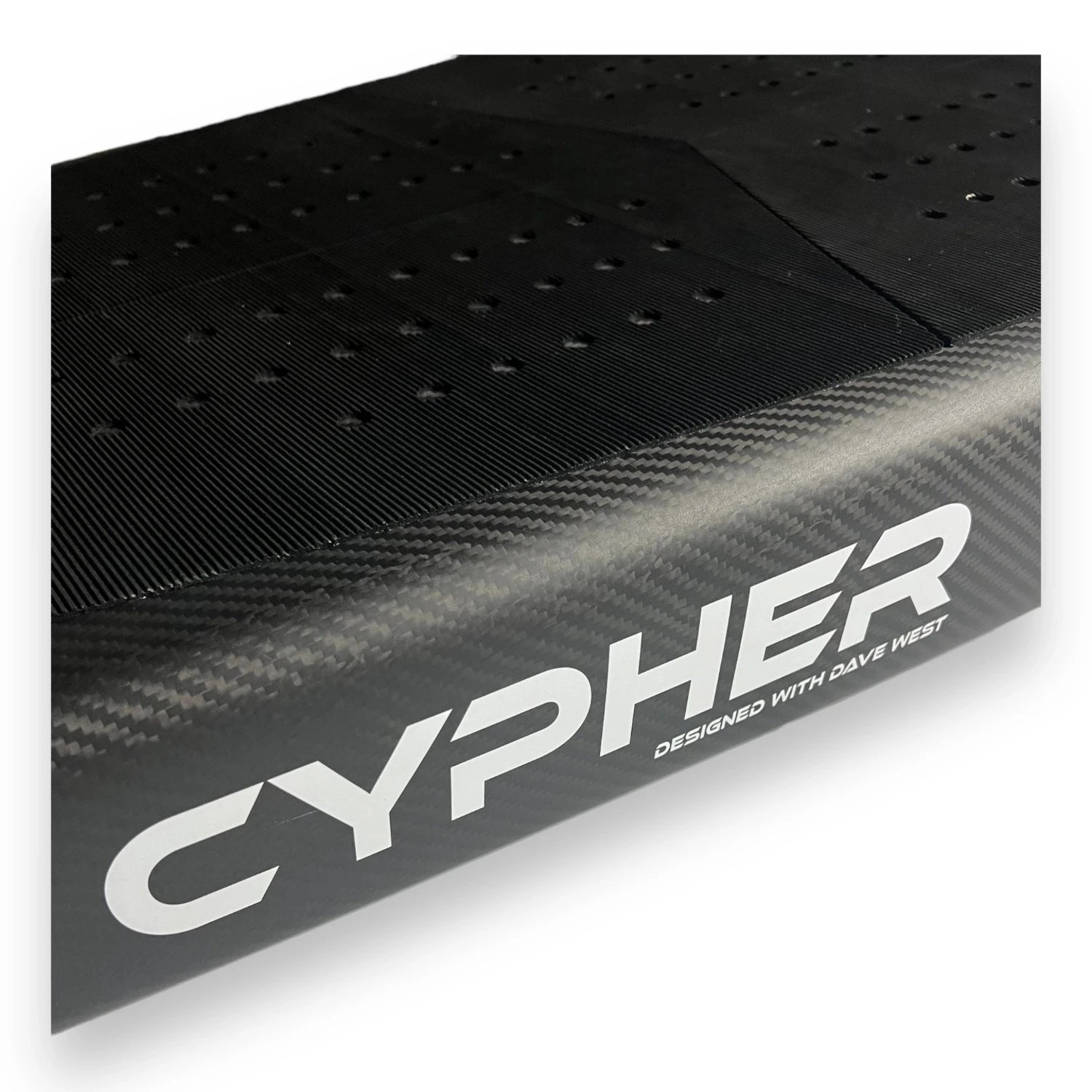 Side view of a black Cypher V2 carbon foilboard by Amos Shapes with the Cypher logo and team rider Dave West's name printed on the rail in white capital letters