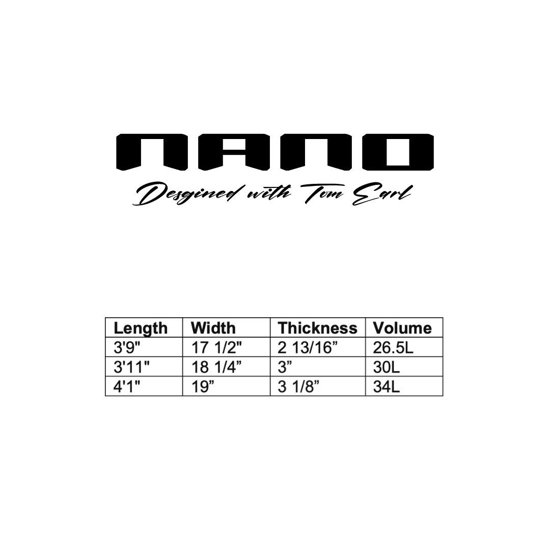 Size chart of the Amos Shapes Nano prone surf carbon foilboard