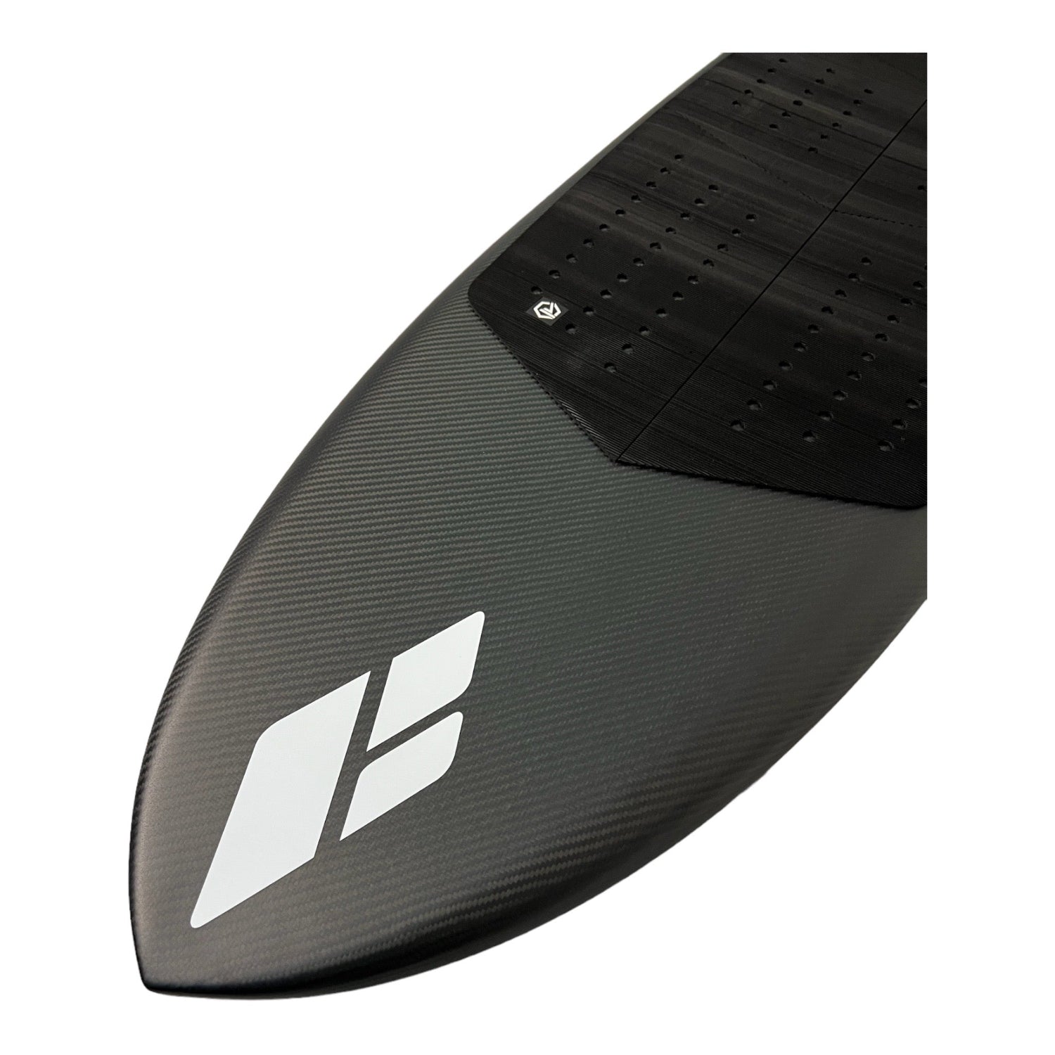 Deck view of the nose of a black Amos Shapes carbon foilboard with a white Amos Shapes logo at the top and a black Foil Tec deck grip