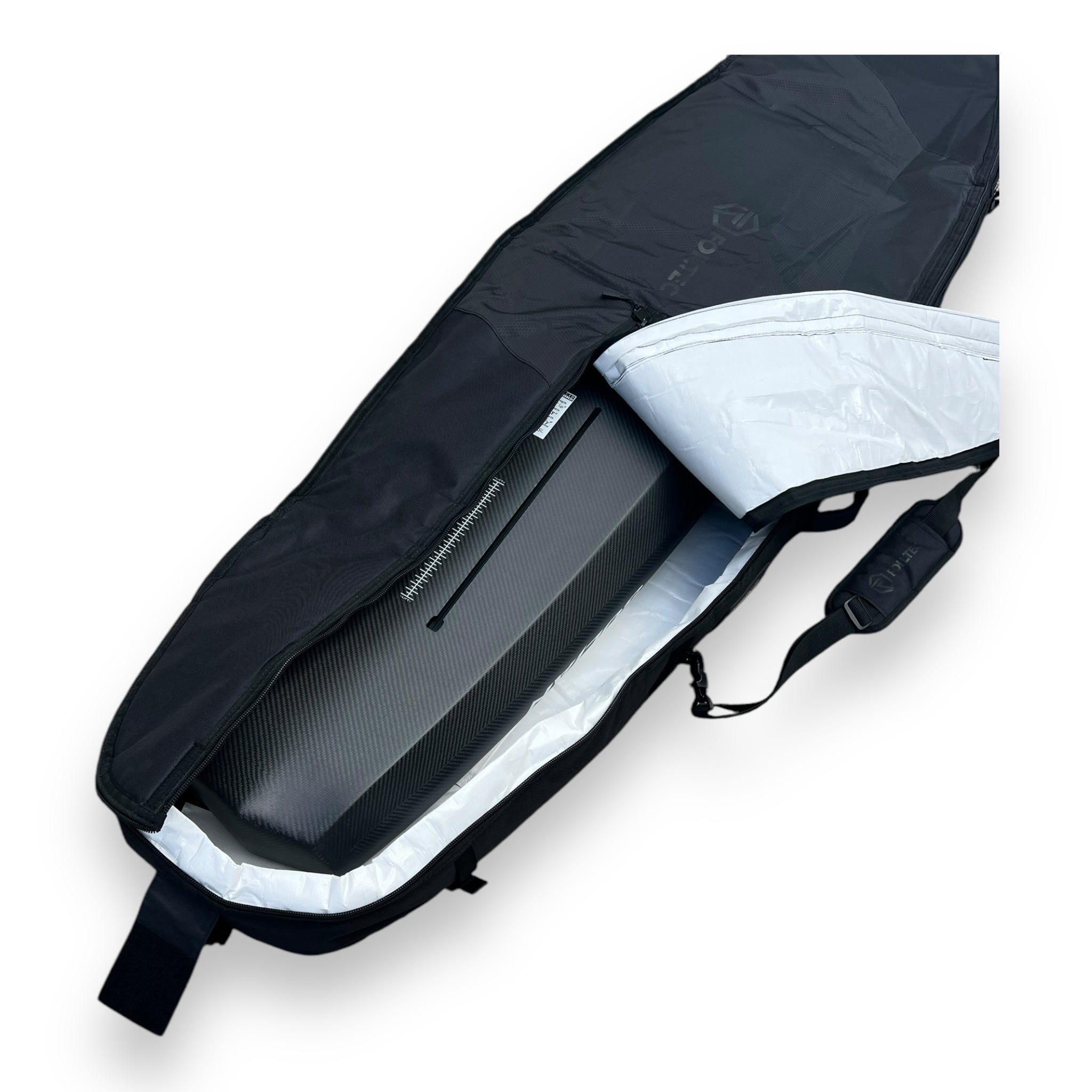 Foil Tec Mid-Length/wingboard Foilboard Bag – 6'6″ opened, showcasing the padded interior for hydrofoil board protection.