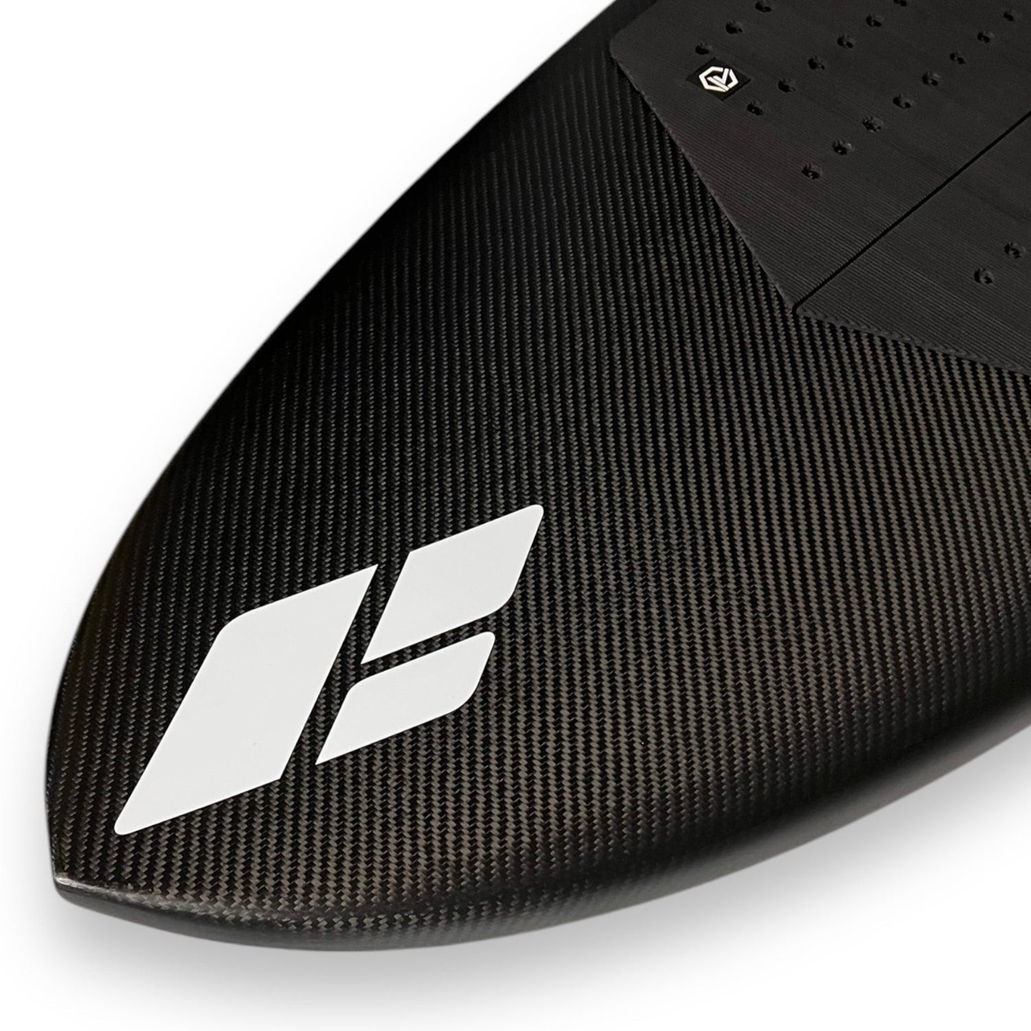 White Amos Shapes logo on the nose of a black Cypher Wing & Parawing carbon foilboard