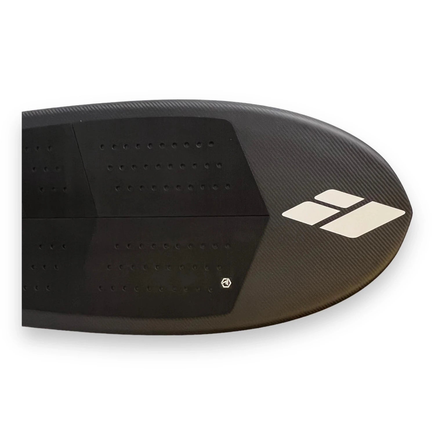 Close up view of the nose of a black Amos Shapes Nano Prone surf carbon foilboard with a white Amos Shapes logo and black Foil Tec deck grip