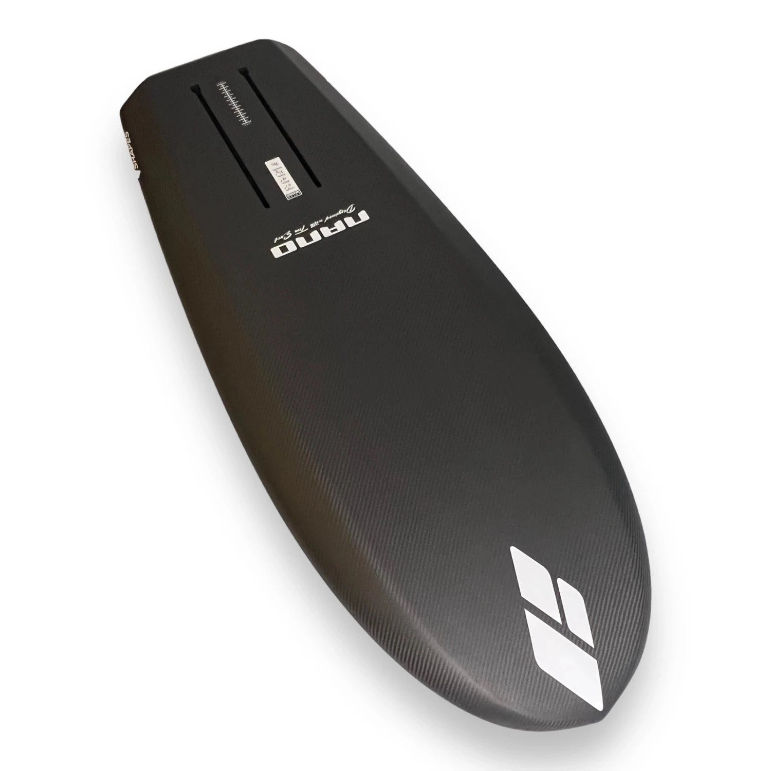 Bottom view of a black Amos Shapes Nano Prone surf carbon foilboard with white Amos Shapes and Nano logos and hydrofoil tracks