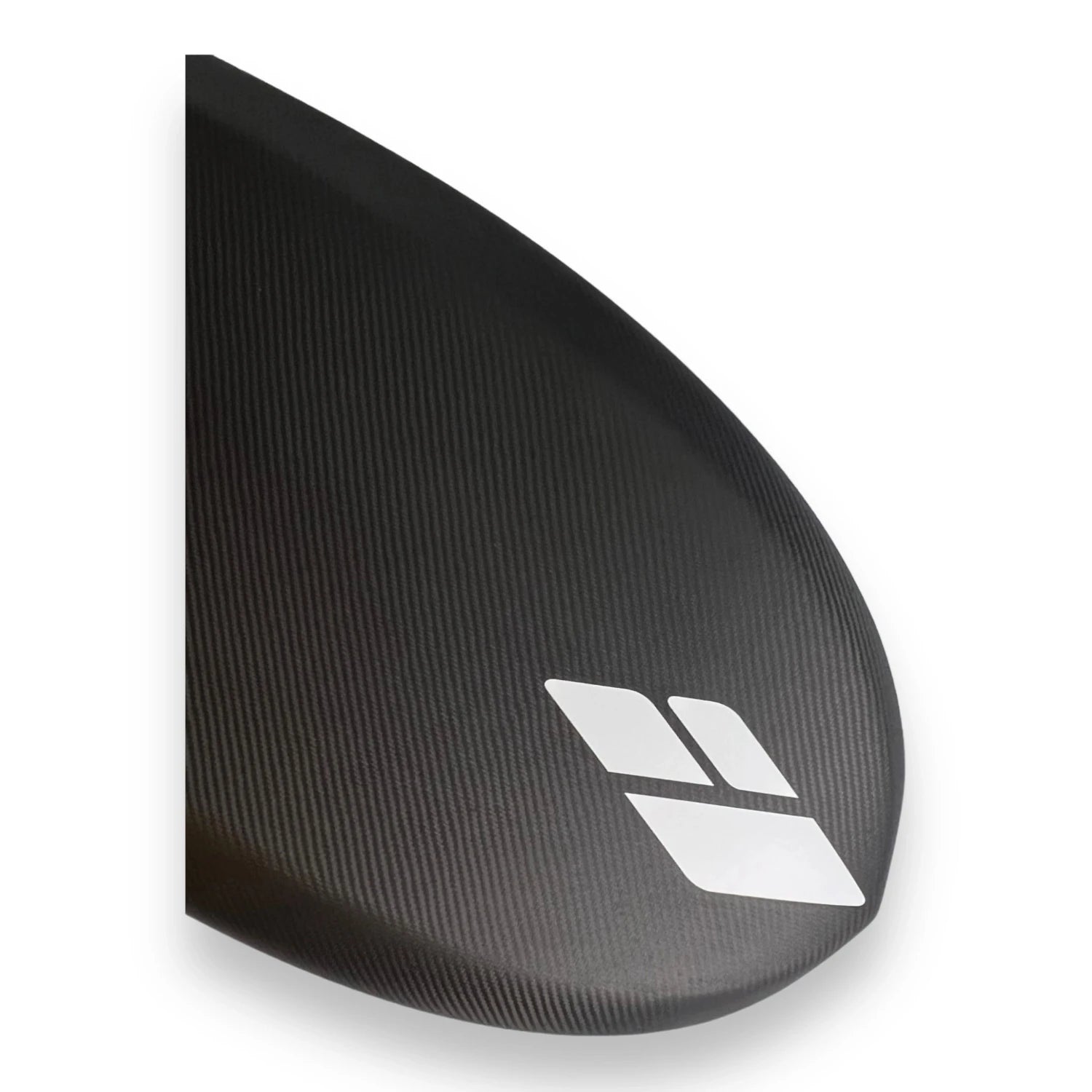 Close up view of the bottom side of the nose of a black Amos Shapes Nano Prone surf carbon foilboard with a white Amos Shapes logo