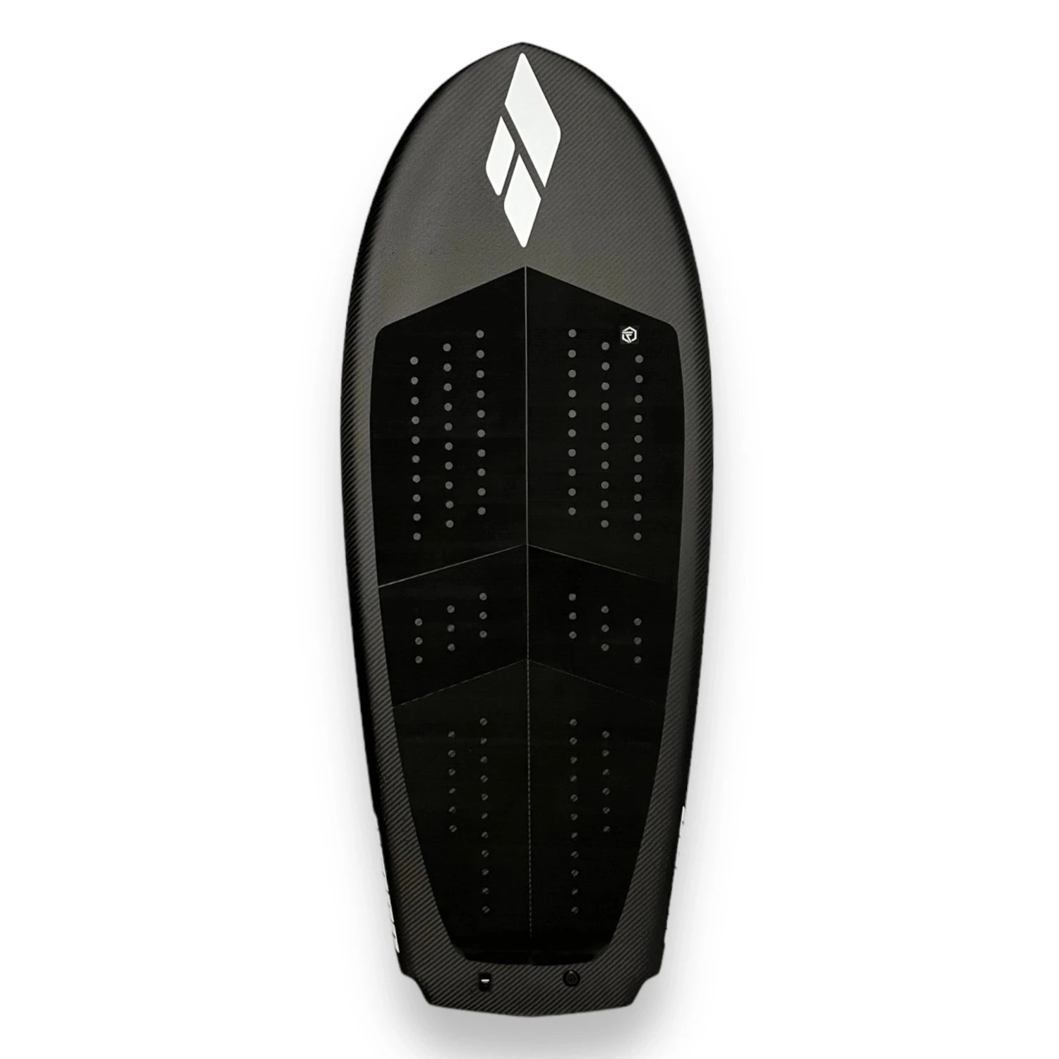 Deck view of a black Amos Shapes Nano Prone surf carbon foilboard with a white Amos Shapes logo and a black For Tec deck grip