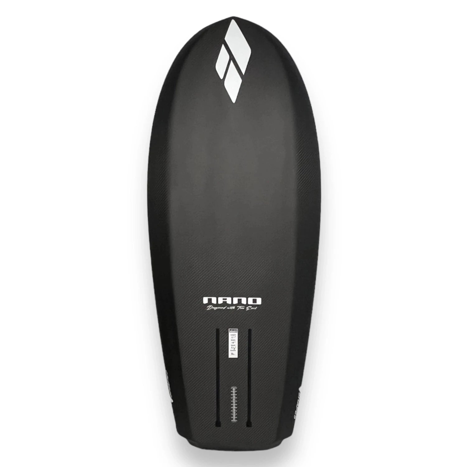 Bottom view of a black Amos Shapes Nano Prone surf carbon foilboard with white Amos Shapes and Nano logos and hydrofoil tracks
