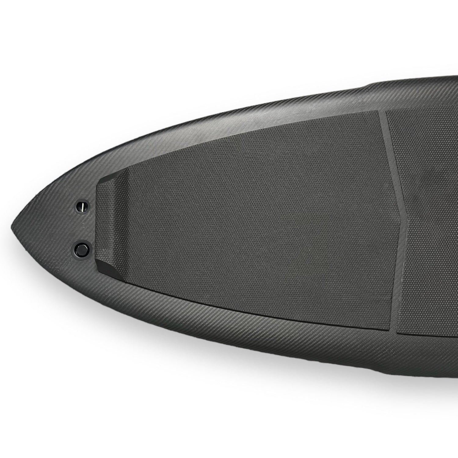 Top view of the tail of a black Kruzer prone carbon foilboard by Amos Shapes