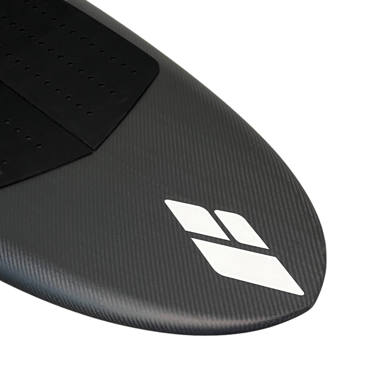 Close up view of the nose of a black Amos Shapes Frequent Flyer beginner prone carbon foilboard with a white Amos Shapes logo and a black Foil Tec deck grip