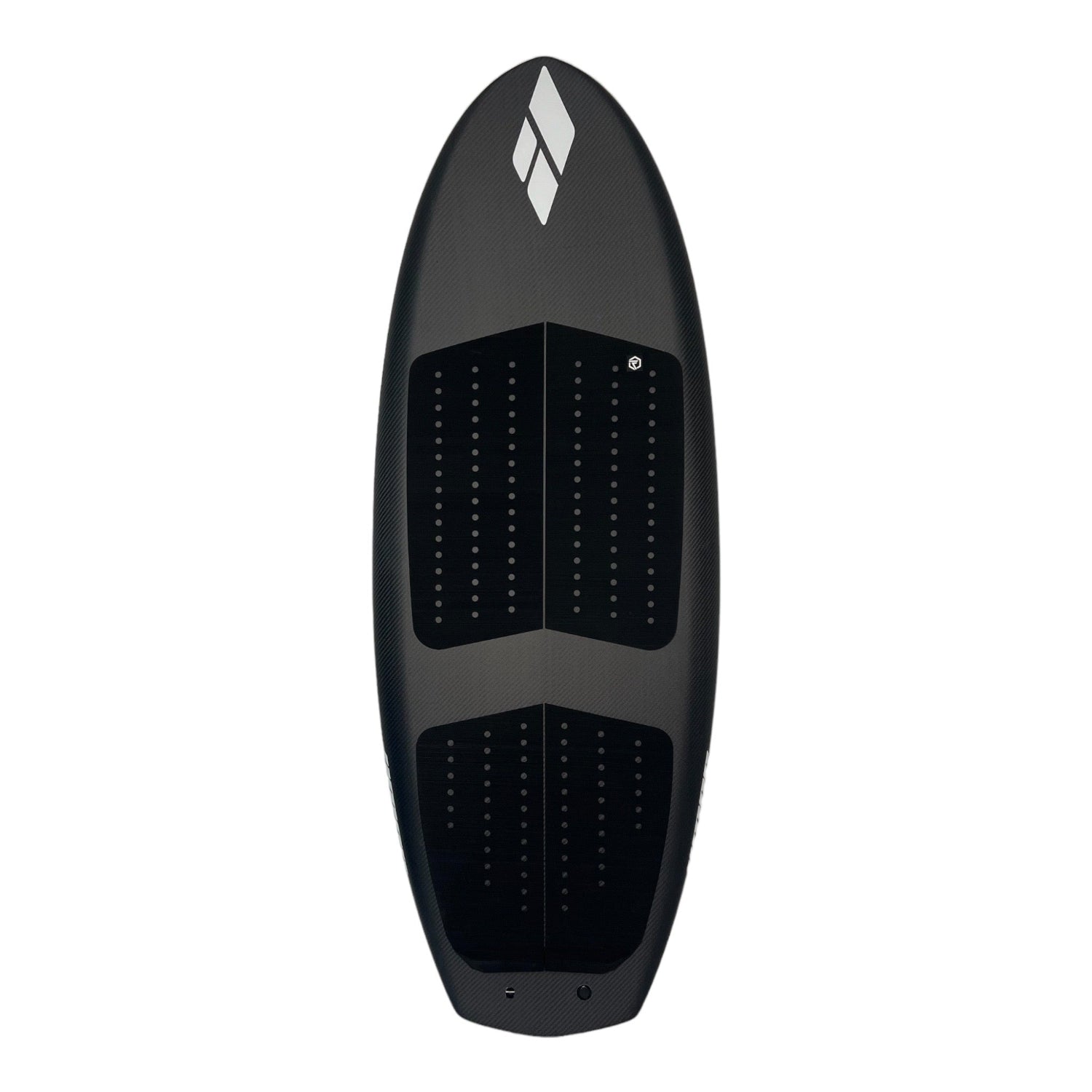 Deck view of a black Amos Shapes Frequent Flyer beginner prone carbon foilboard with a white Amos Shapes logo and a black Foil Tec traction pad