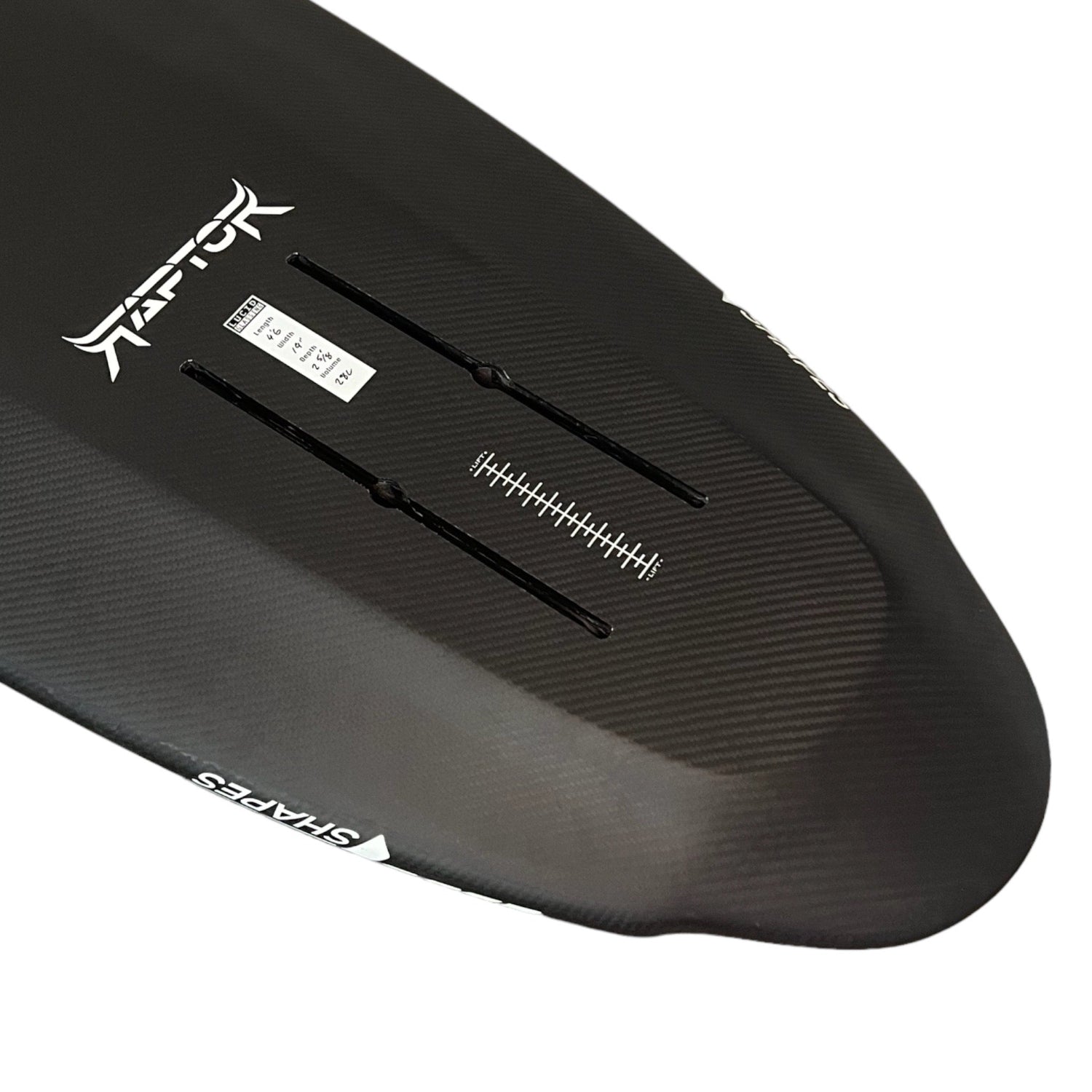 Bottom view of the tail of a black Raptor carbon foilboard by Amos Shapes showing its hydrofoil tracks and a white Raptor printed on it