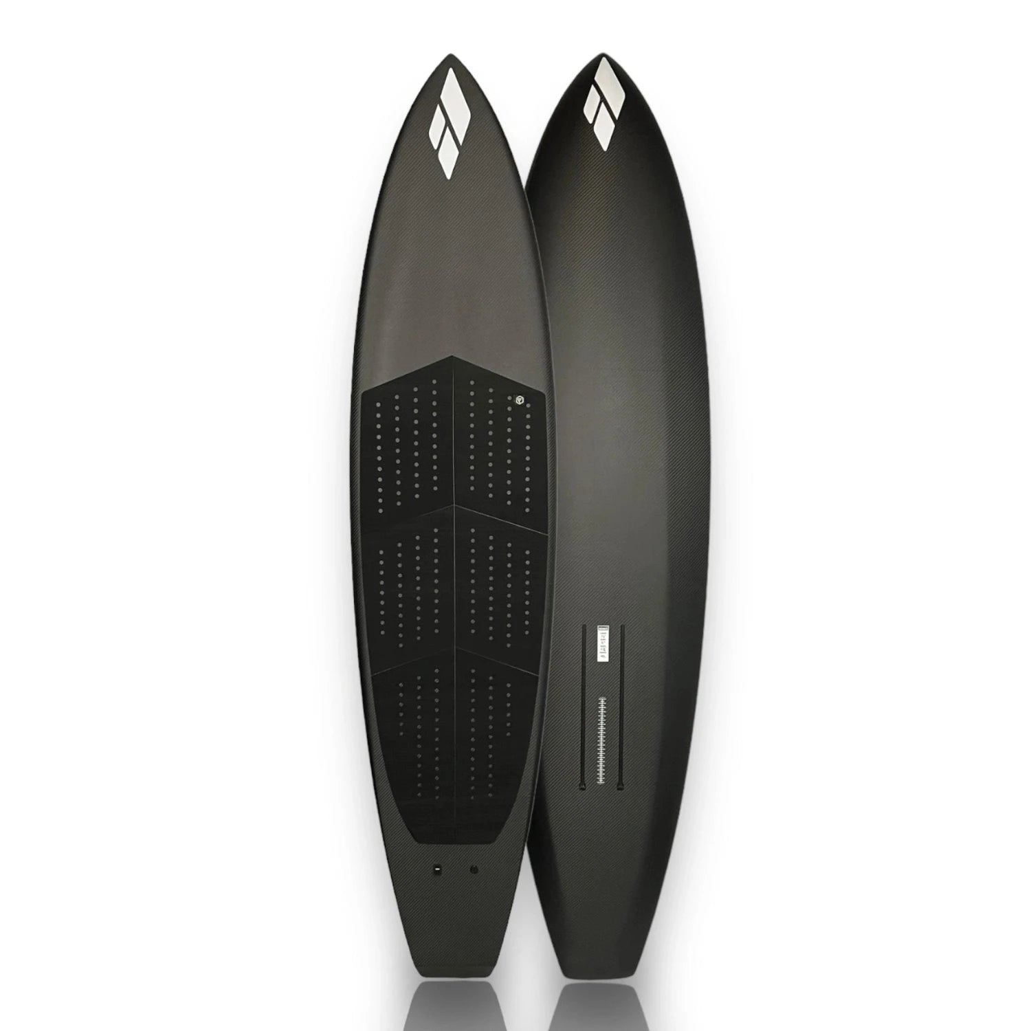 Deck and bottom views of a black Cypher downwind carbon foilboard by Amos Shapes with a black Foil Tec deck grip on it on a white background