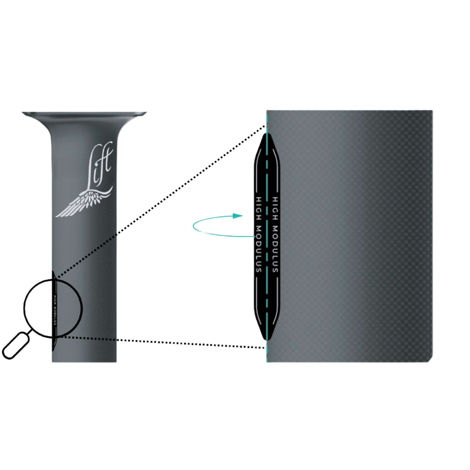 Detail of a high modulus carbon logo insert on a M2 hydrofoil mast by Lift Foils