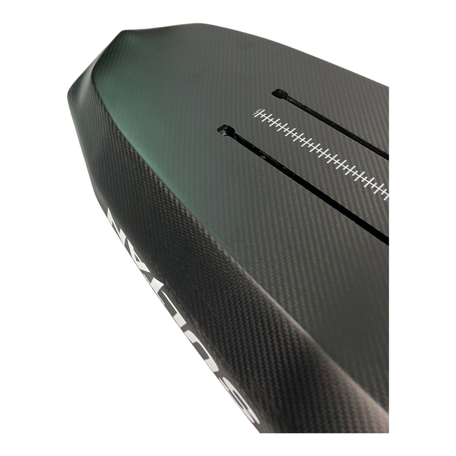 Bottom view of the tail of a black Sultan carbon SUP foilboard by Amos Shapes showing its hydrofoil tracks and a white Sultan printed on it rail