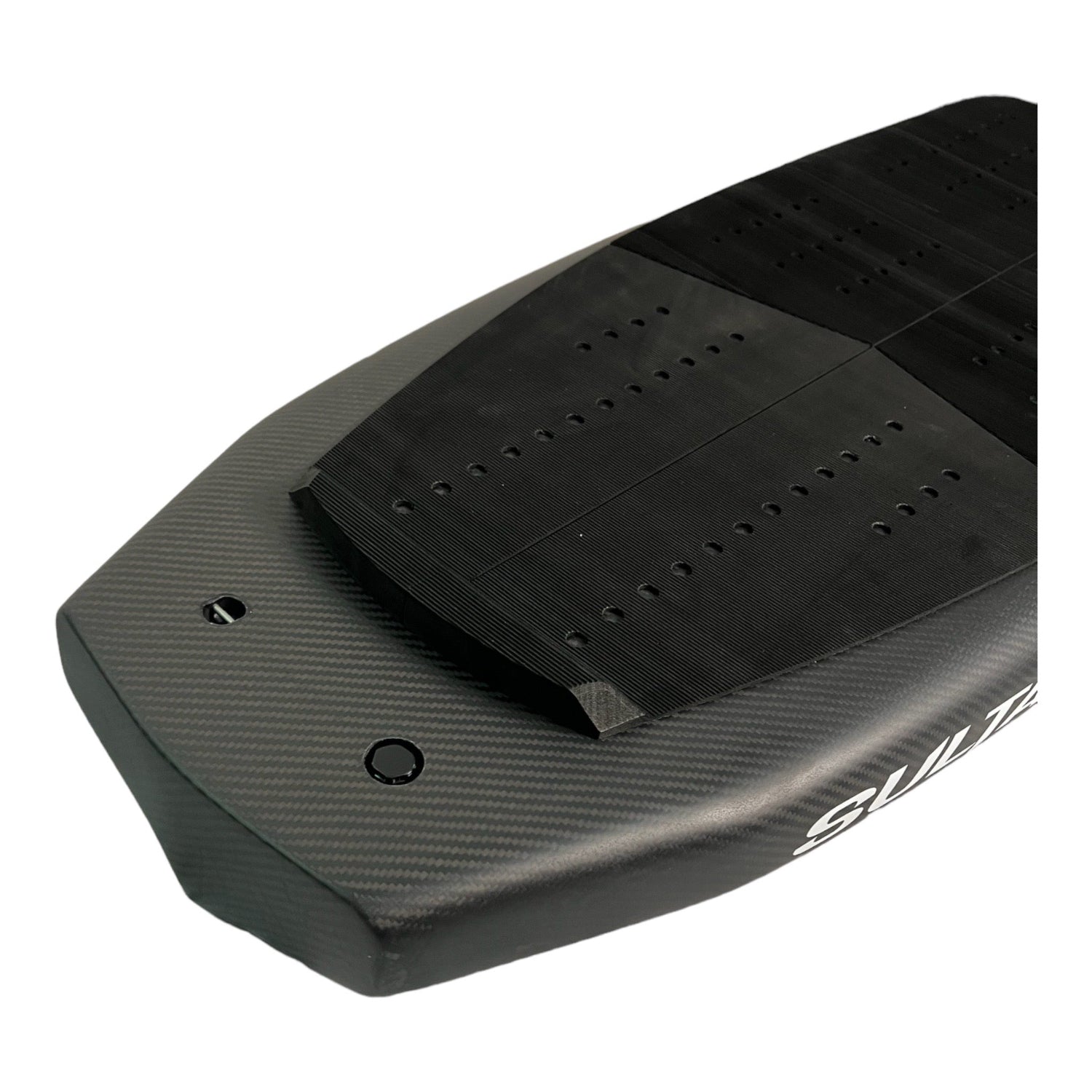 Top view of the tail of a black Sultan carbon foilboard by Amos Shapes with a black Foil Tec traction pad on its deck and the white Sultan logo written on the rail in capital letters