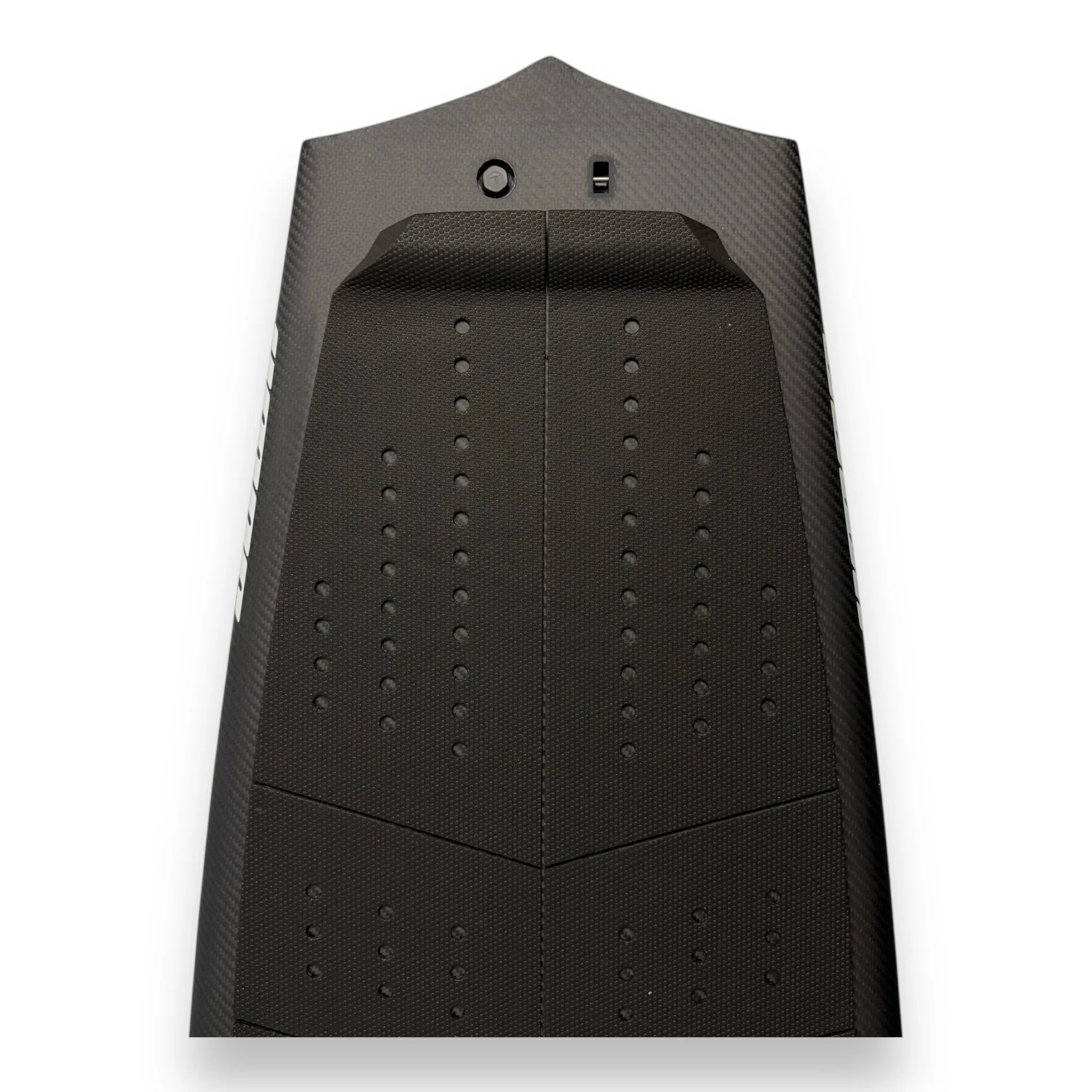 Traction and tail detail on the Spitfire V2 carbon surf foilboard by Amos Shapes