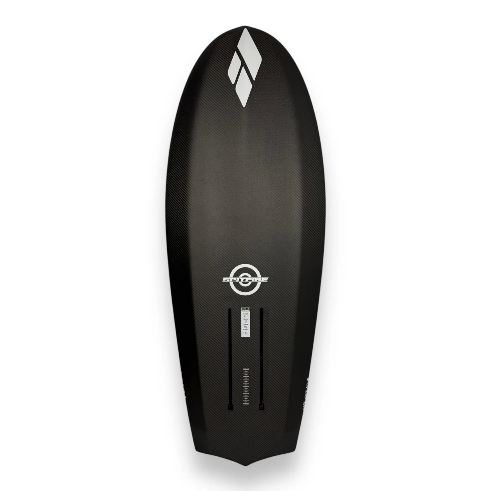 Bottom view of the Spitfire V2 carbon surf foilboard by Amos Shapes