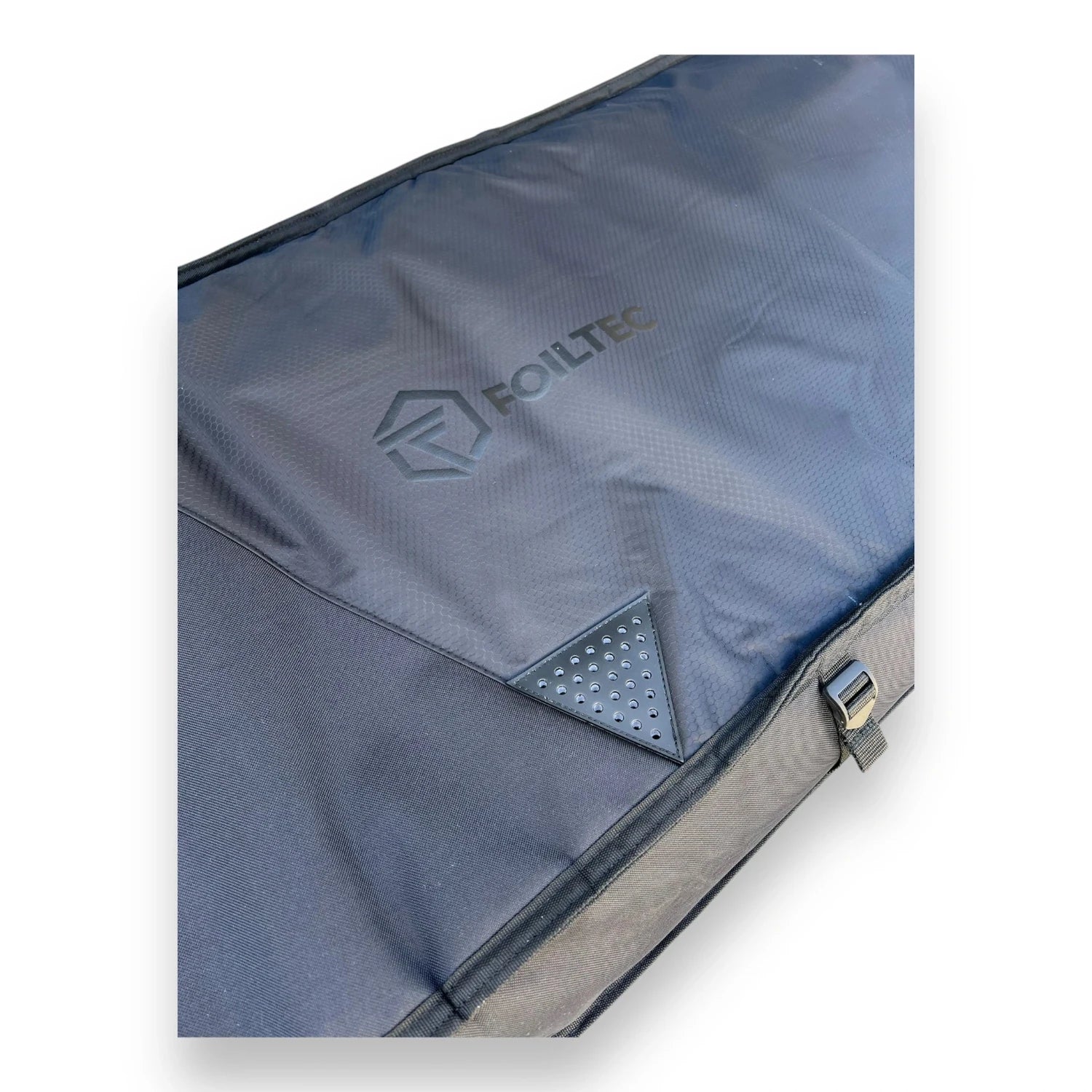 Top view of a black Foil Tec downwind foilboard travel bag with logo 