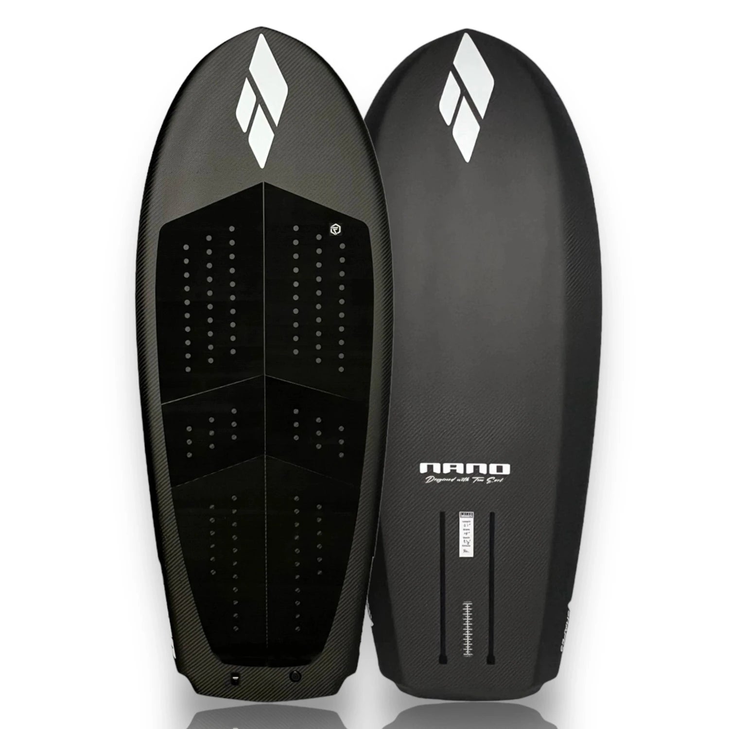 Deck and bottom views of the Amos Shapes Nano prone surf carbon foilboard with a white Amos Shapes logo and a black Foil Tec traction pad.