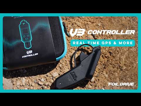 Foil Drive V3 Controller video thumbnail showing the controller and carry case on sand with real time GPS feature text.