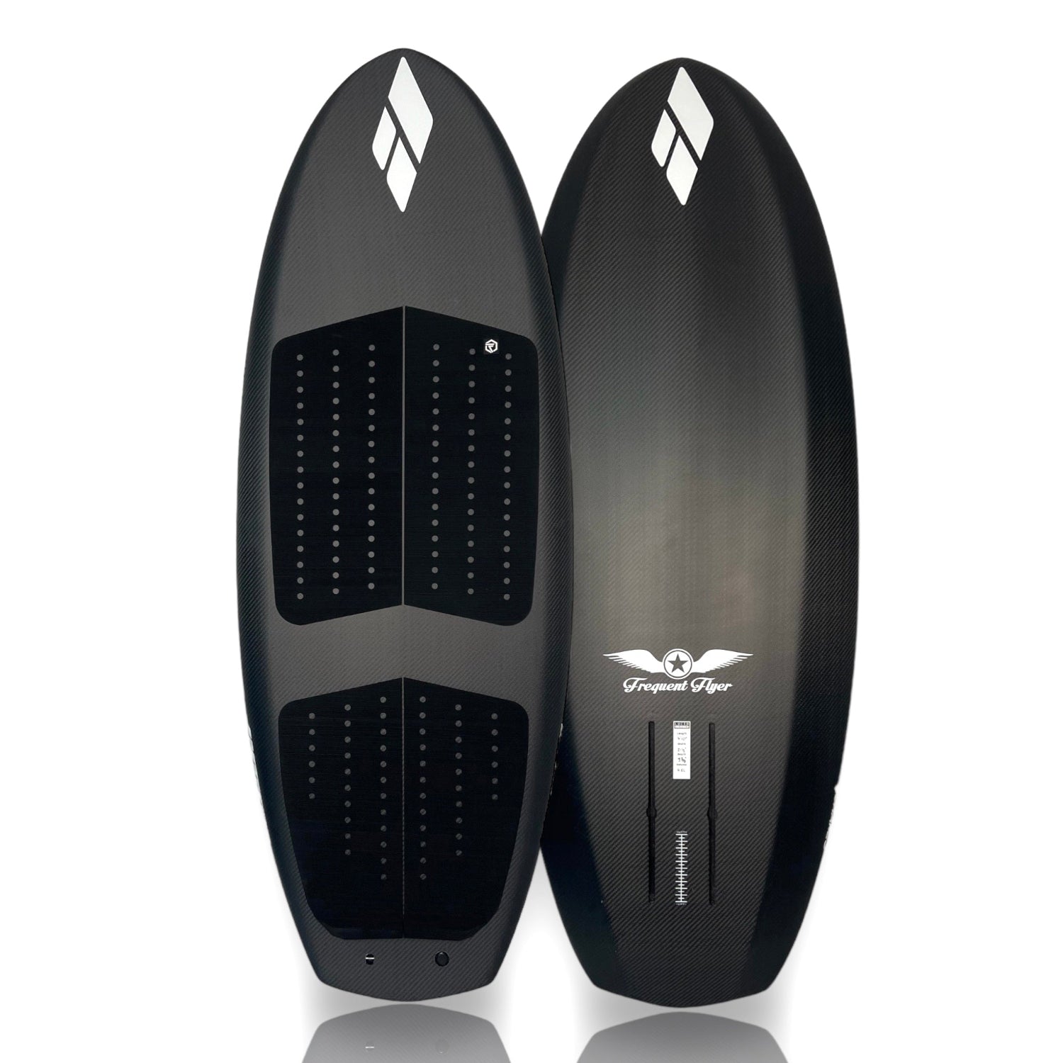Deck and bottom views of a black Frequent Flyer carbon foilboard by Amos Shapes with a black Foil Tec traction pad on it on a white background