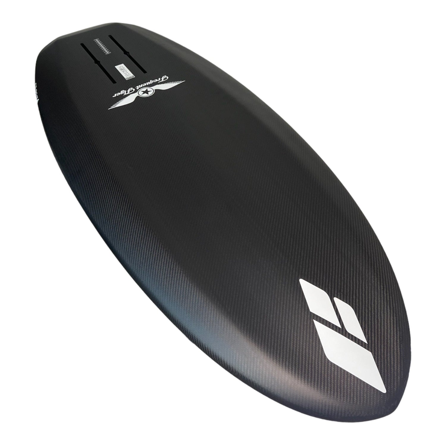 Bottom view of a black Amos Shapes Frequent Flyer beginner prone carbon foilboard with white Amos Shapes and Frequent Flyer logos showing its hydrofoil tracks
