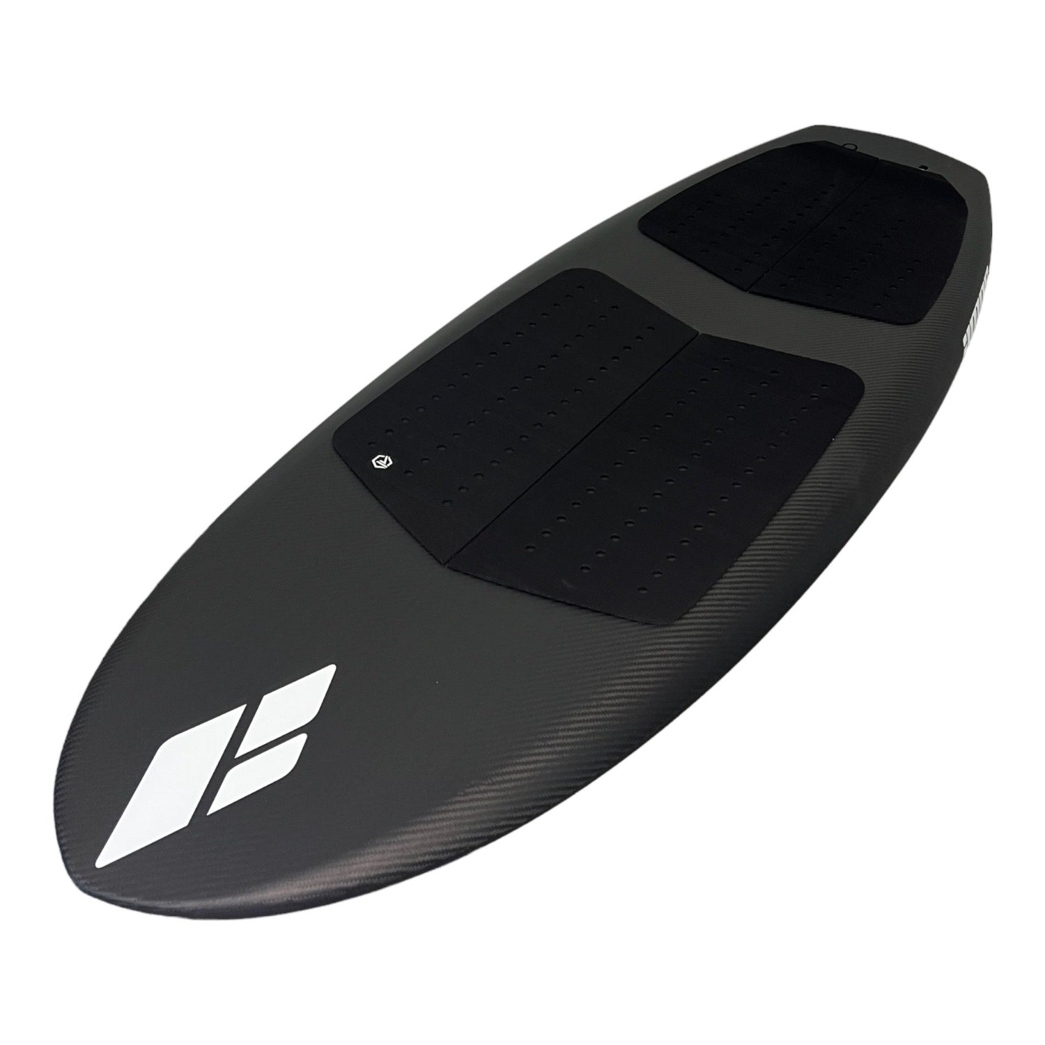 Deck view of a black Amos Shapes Frequent Flyer beginner prone carbon foilboard with a white Amos Shapes logo and a black Foil Tec traction pad