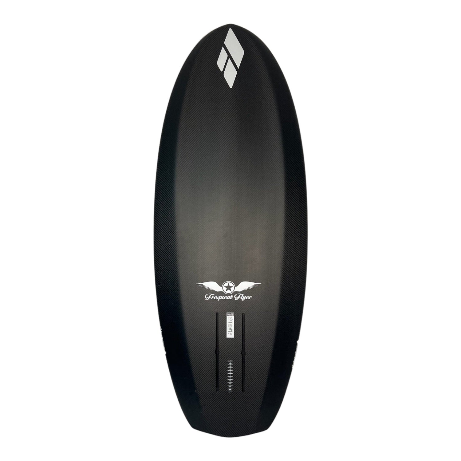 Bottom view of a black Amos Shapes Frequent Flyer beginner prone carbon foilboard with white Amos Shapes and Frequent Flyer logos showing its hydrofoil tracks