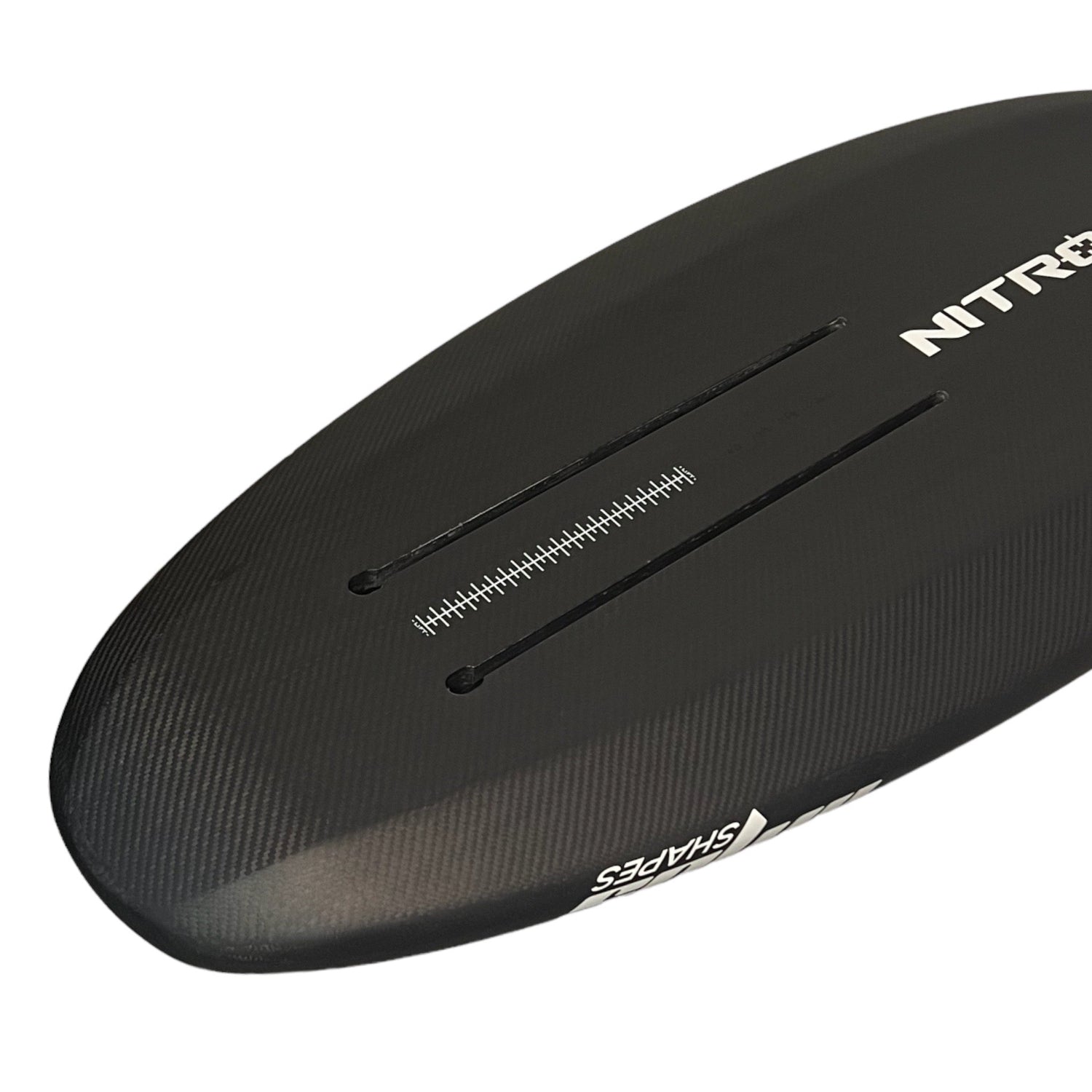 Bottom view of the tail of a black Nitro carbon foilboard by Amos Shapes showing its hydrofoil tracks and a white Nitro printed on it